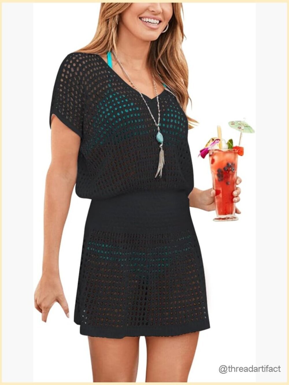 V Neck Crochet Beach Swimsuit Cover Up Dress
